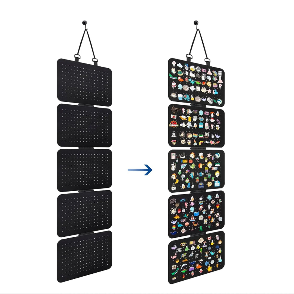 A vertical display of felt lapel pins hanging on strings, arranged in multiple rows.