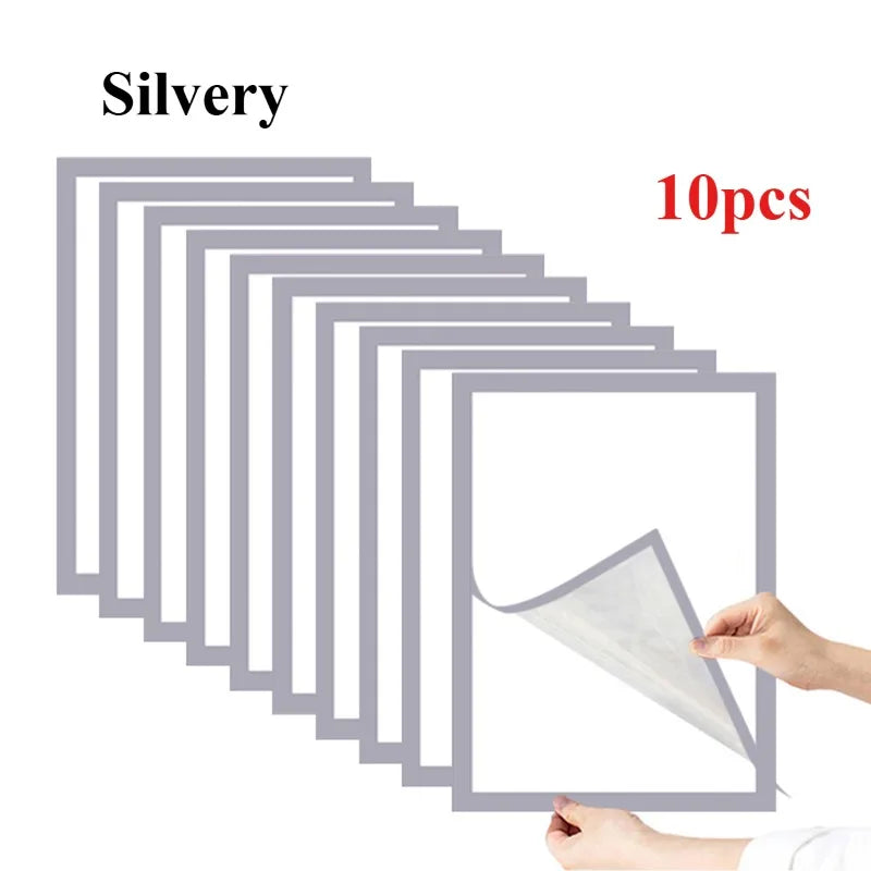 Silberne magnetische Foto-Displayrahmen, die zehn einzelne Rahmen zeigen.