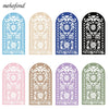 A set of nine decorative floral and geometric patterned panels in various shades of blue, beige, purple, and green.