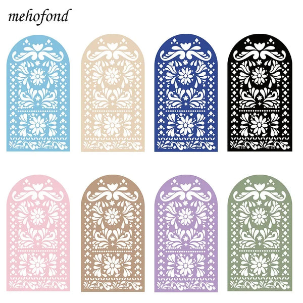 A set of nine decorative floral and geometric patterned panels in various shades of blue, beige, purple, and green.