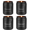 A set of four black soy wax scented candles including Smoke & Vanilla, Vintage Oak, Vintage Leather, and Lavender Woods.