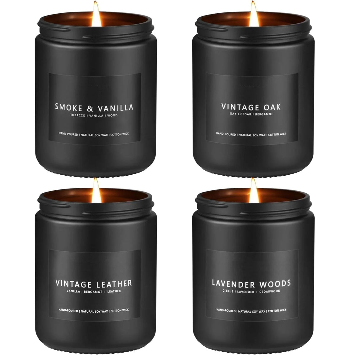 A set of four black soy wax scented candles including Smoke & Vanilla, Vintage Oak, Vintage Leather, and Lavender Woods.