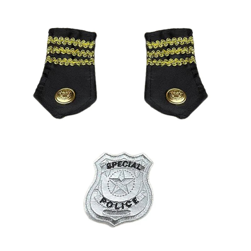 Black police officer costume hat with gold trim and a silver shield emblem