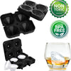 Black silicone ice mold set featuring skull, sphere, and diamond shapes with a non-toxic and BPA free guarantee.