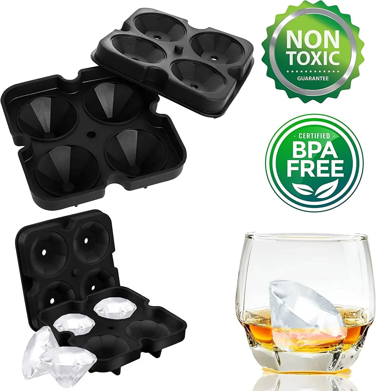 Black silicone ice mold set featuring skull, sphere, and diamond shapes with a non-toxic and BPA free guarantee.
