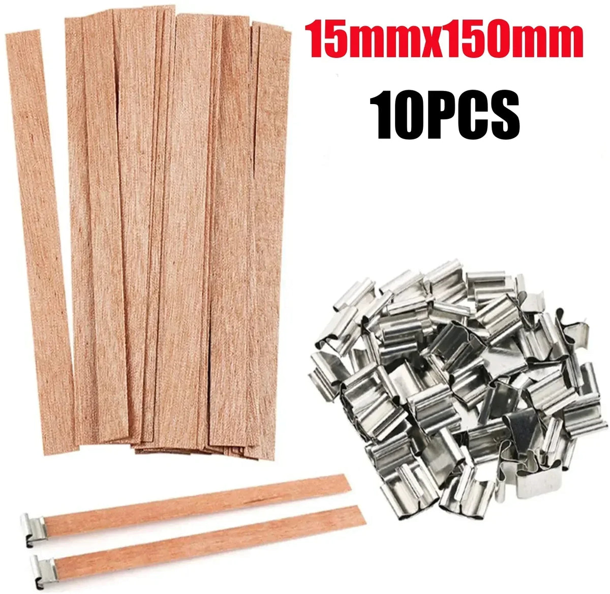 Un set de 10 chevilles en bois et un lot de pointes de bougies argentées pour fabriquer des bougies de cire de soja.