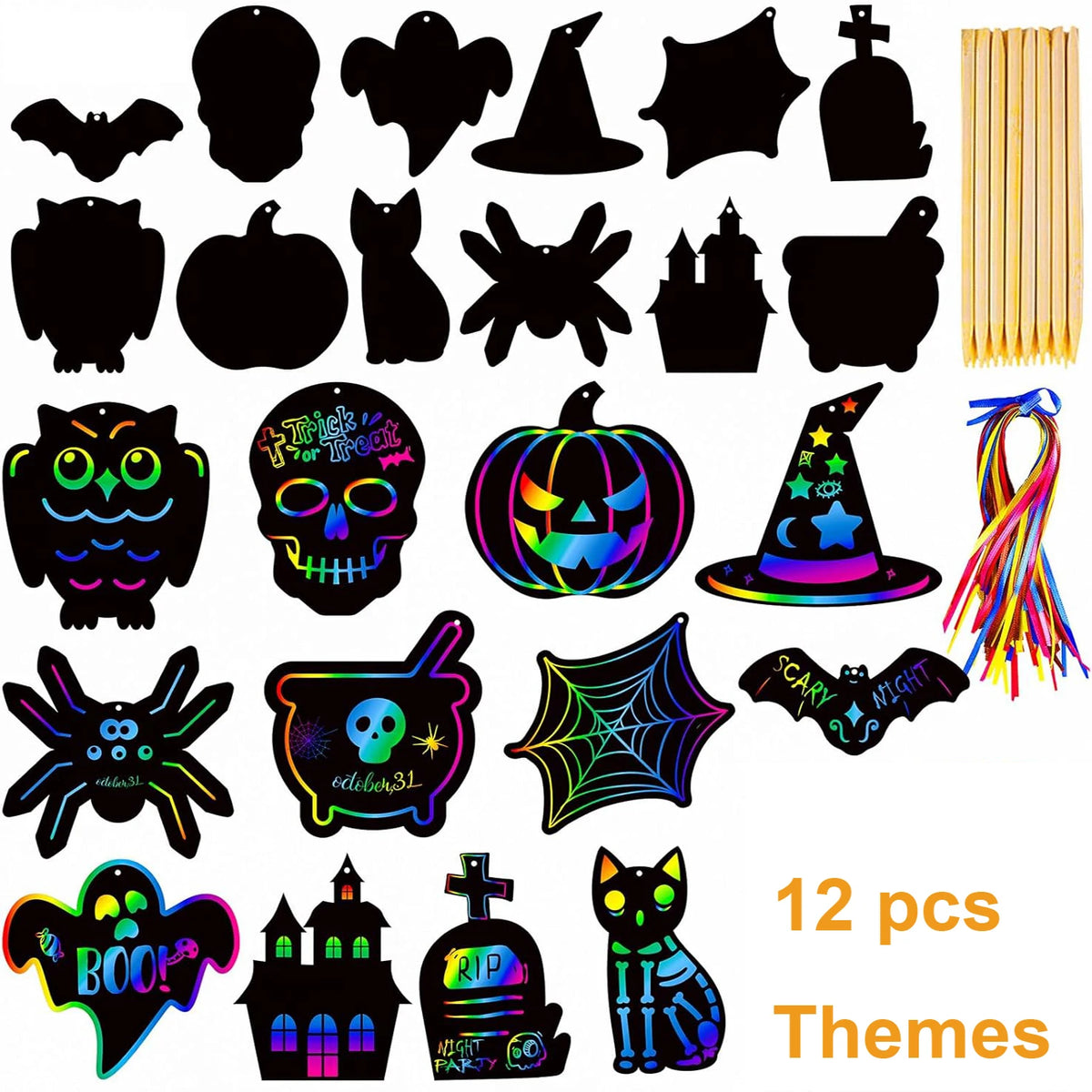 A set of 12 black Halloween themed scratch art cards featuring various spooky icons like pumpkins bats and cats.