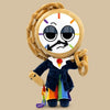 A plush doll resembling a clock face with a fuzzy frame, dark blue clothing, and colorful accents.