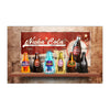 A display of various glass bottles of Nuka Cola on a wooden shelf against a rustic background.