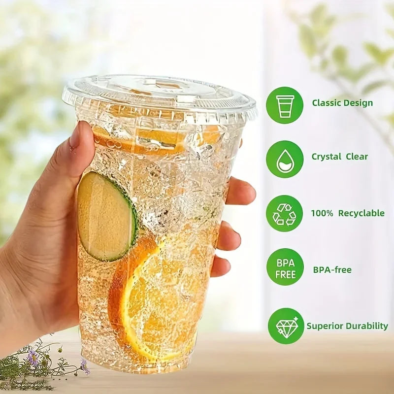 A hand holds a clear disposable plastic cup with a lid filled with orange slices, showcasing its classic design and durabilit