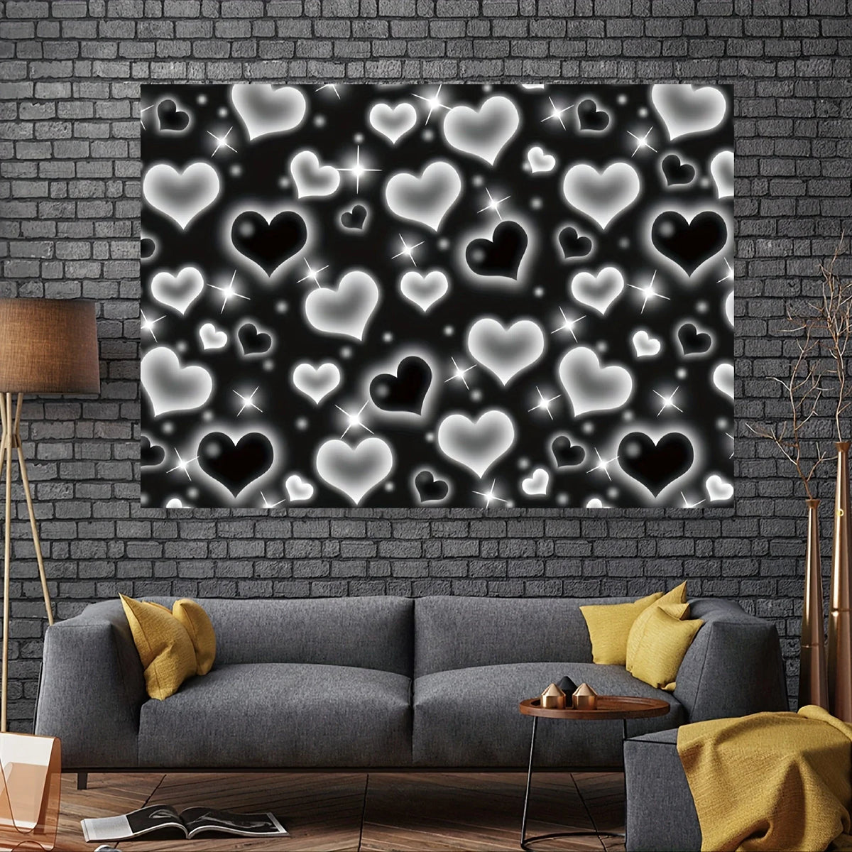 A dark backdrop covered with sparkling white heart shapes for a Valentine's Day photo display.