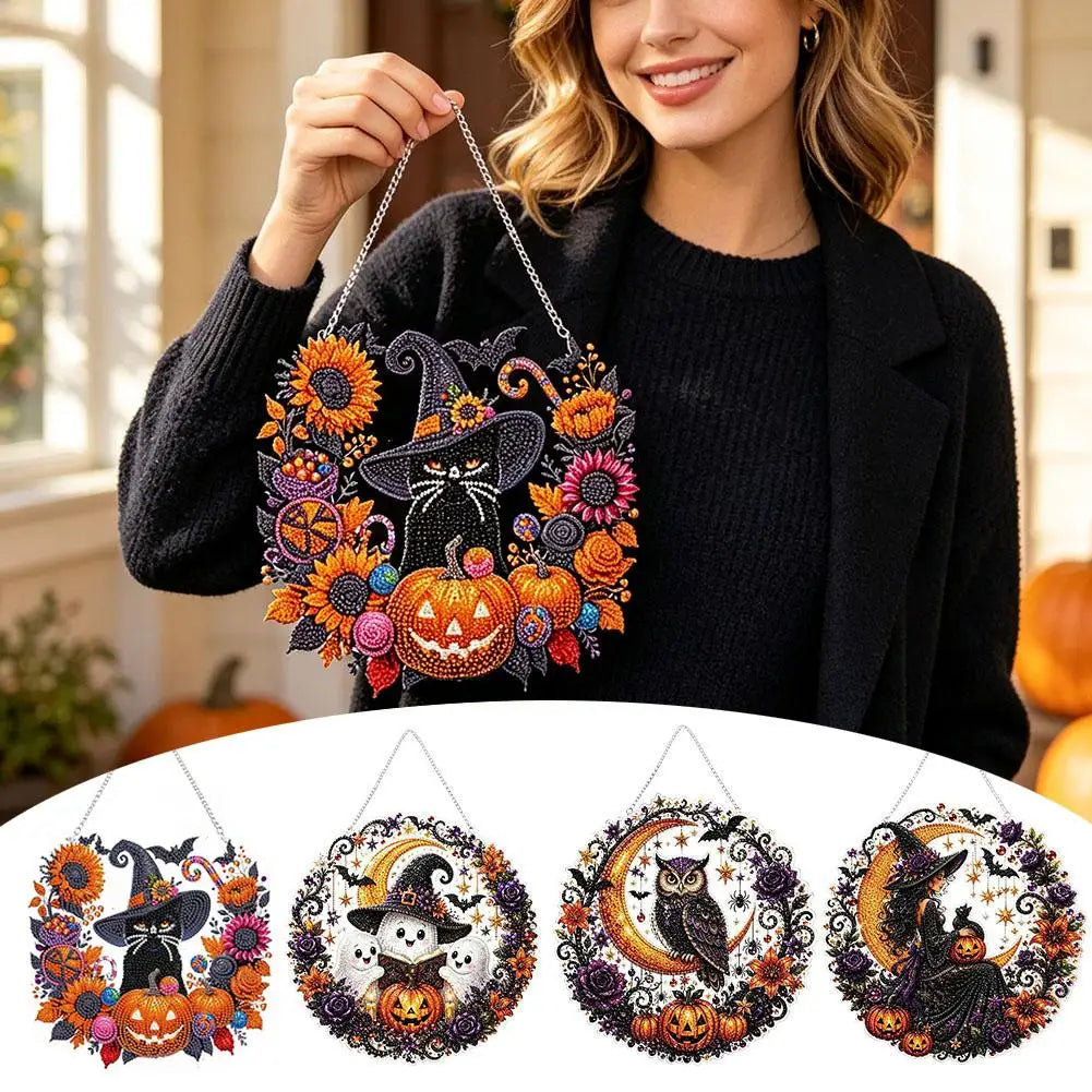 Acrylic diamond painting kit featuring Halloween designs including a black cat, moon, skull, and pumpkin