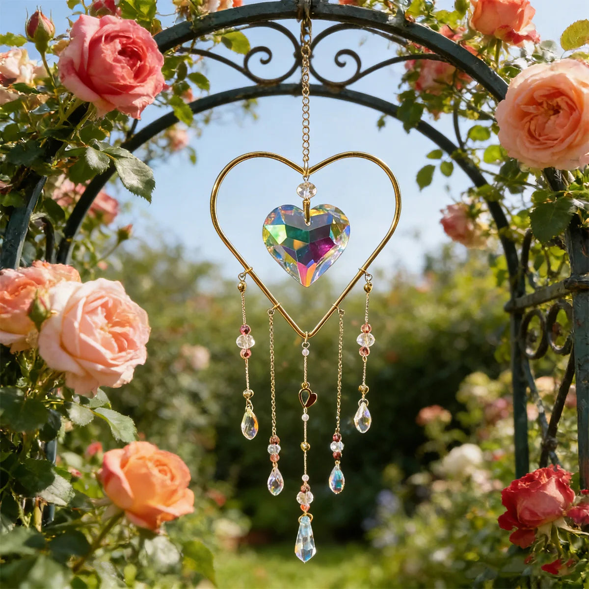 A gold heart-shaped window pendant with a faceted crystal charm hangs from an ornate metal arch covered in pink roses.