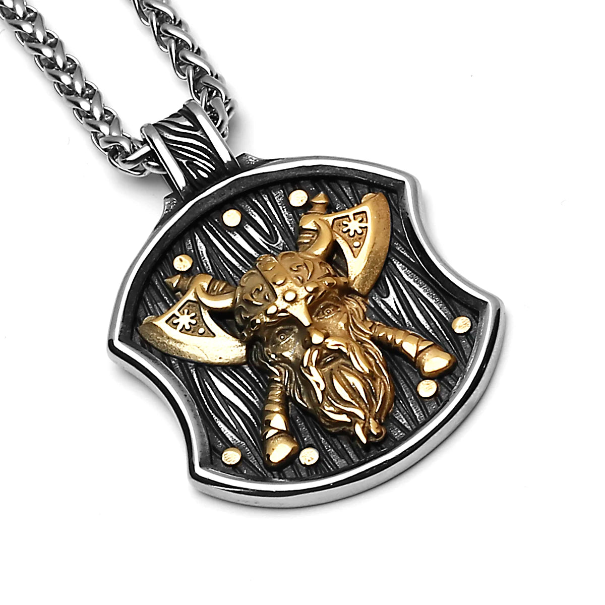 Stainless steel necklace featuring a Viking warrior shield pendant with a detailed golden head and beard.