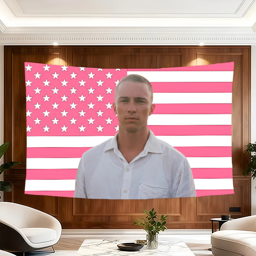 A wall tapestry featuring the American flag design with a man in a white shirt centered on the fabric.