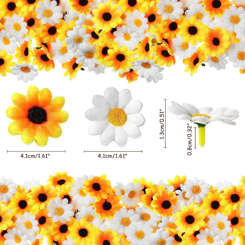 A close-up of artificial yellow sunflowers and white daisies used for DIY and wedding decor.