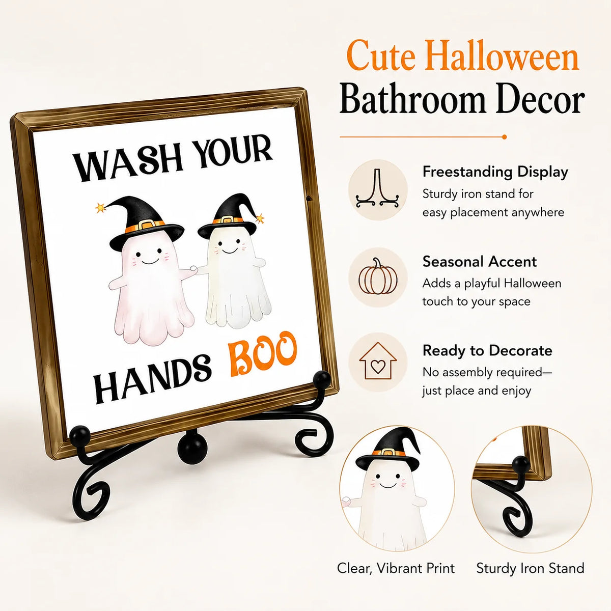 A wooden sign featuring two Halloween ghost figures with witch hats, designed for bathroom decor.
