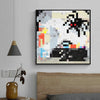 A framed piece of pixel art featuring a black and white stylized monster against a light background.