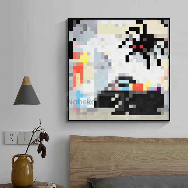 A framed piece of pixel art featuring a black and white stylized monster against a light background.