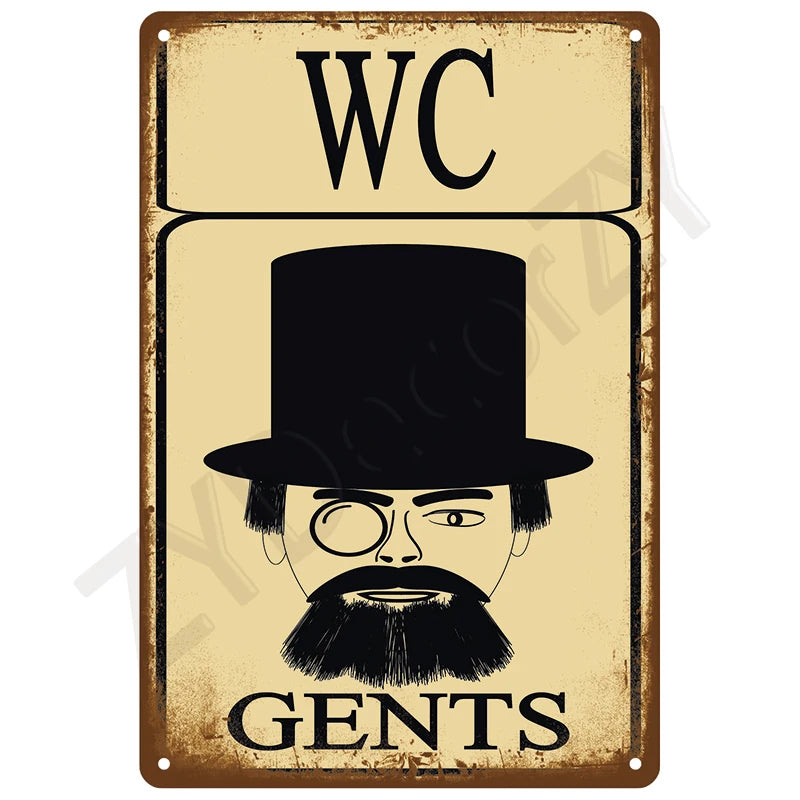 A vintage tin sign featuring the letters WC above a silhouette of a man's head and beard, with the word GENTS below.