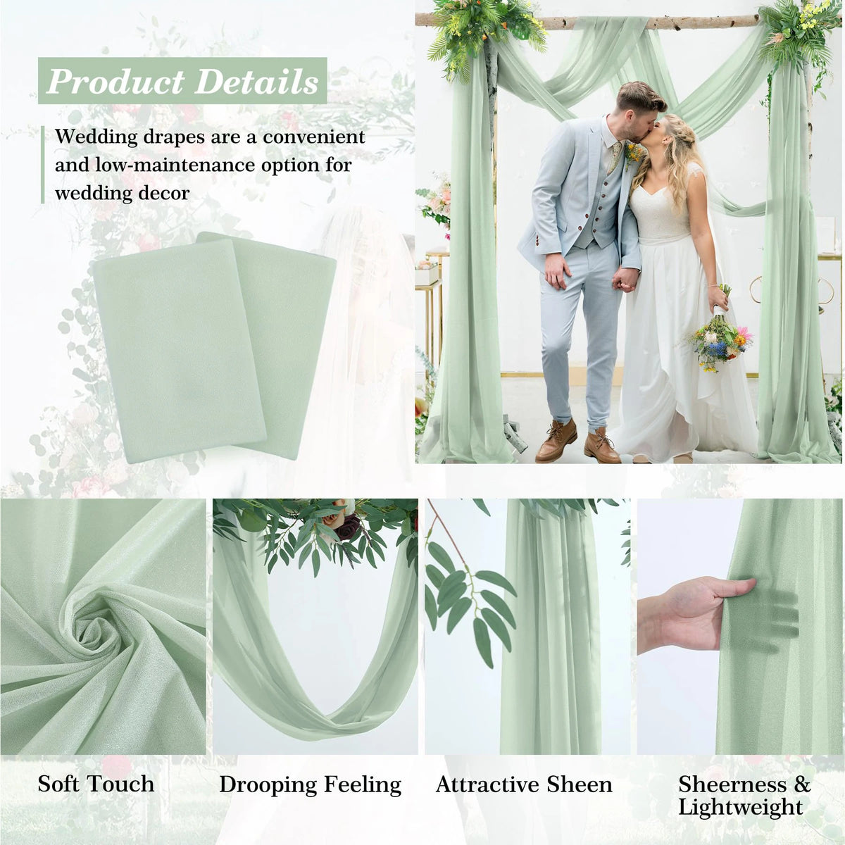 Tissu chiffon vert sauge élégant drapé pour décoration de mariage et décors d'événements