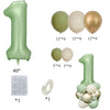 A set of vintage number balloons in light green and gold colors, including a large '1' balloon and various sized balloons for