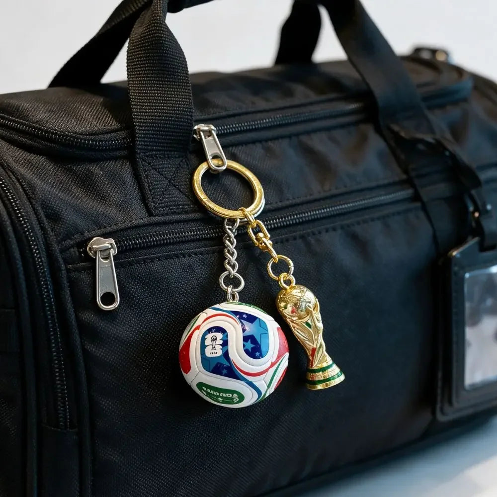 A gold and white FIFA trophy keychain attached to a black fabric bag.