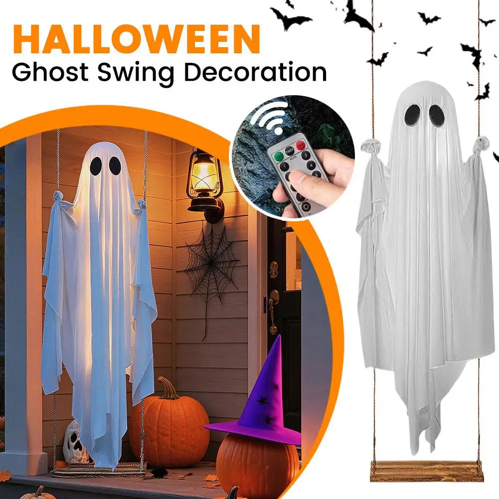 A white ghost decoration hangs from a wire, illuminated by string lights, displayed in an outdoor Halloween setting.