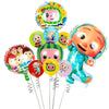 A set of colorful cartoon Cocomelon watermelon foil balloons featuring characters like JJ and watermelon themes.