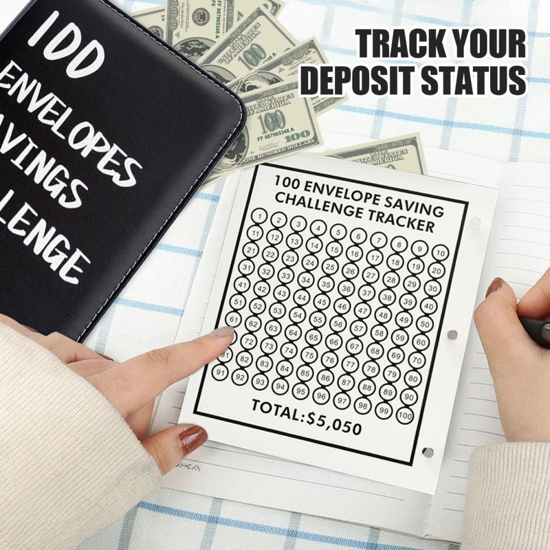 A tracker sheet for an envelope saving challenge showing a total of $5,050 with numbered cells.