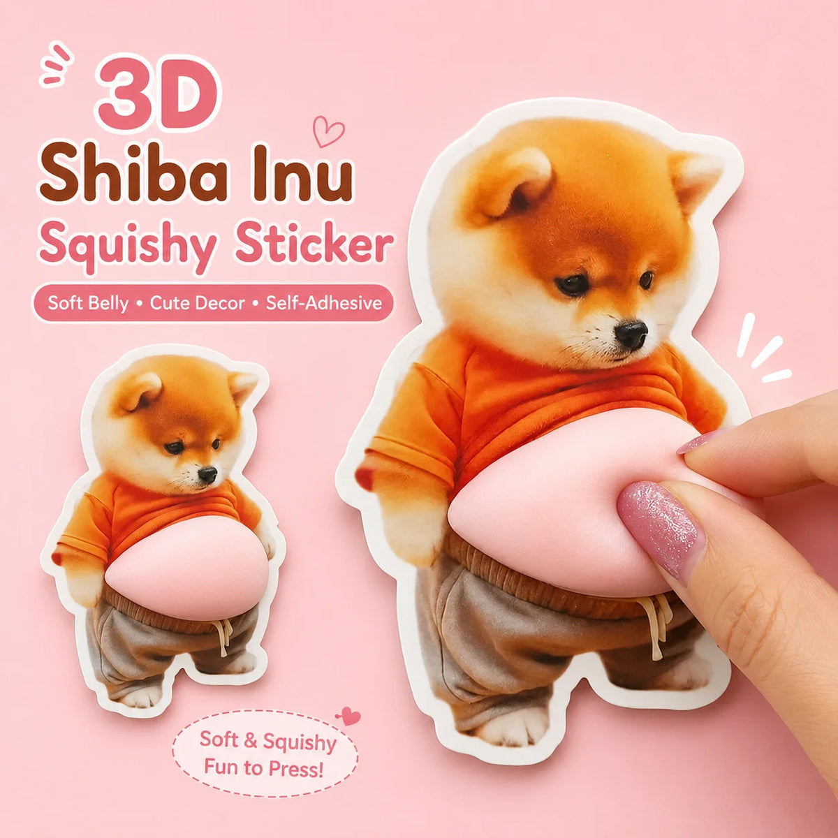 A hand holds a 3D Shiba Inu squishy sticker, featuring an orange-colored dog wearing an orange shirt and brown pants.