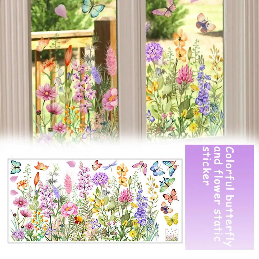 Colorful butterfly and flower static cling window decal featuring various vibrant blooms and insects.