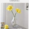 A yellow artificial clivia amaryllis flower in a clear glass vase on a light gray surface.