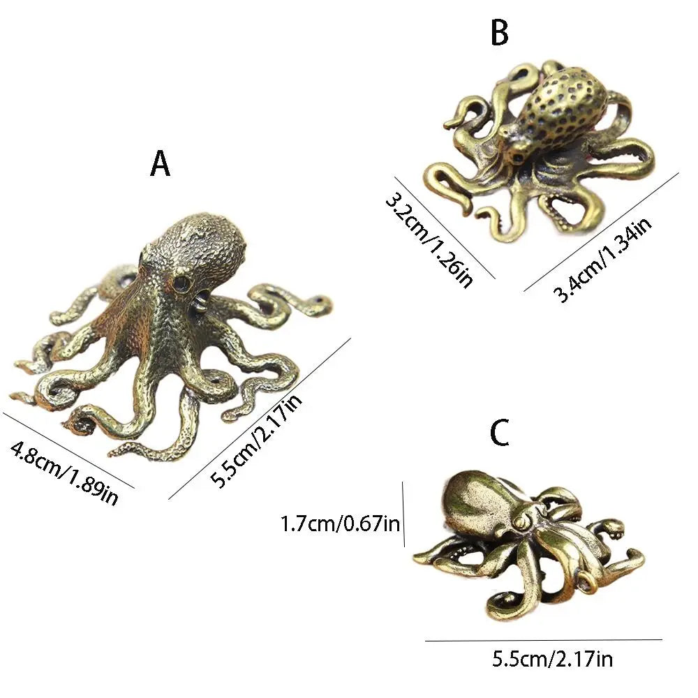 Three views of an antique brass octopus desk ornament showing its size and detail.