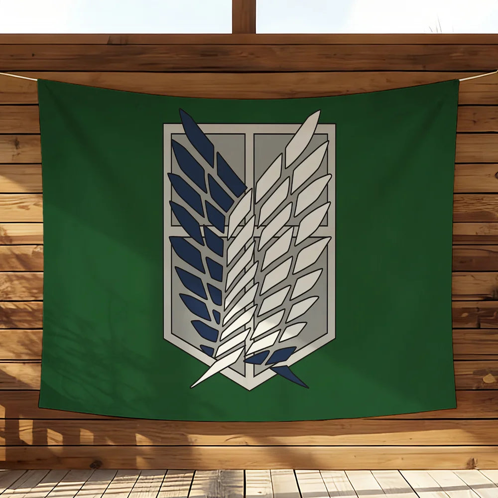 A dark green banner displaying a silver crest featuring a stylized eagle design.