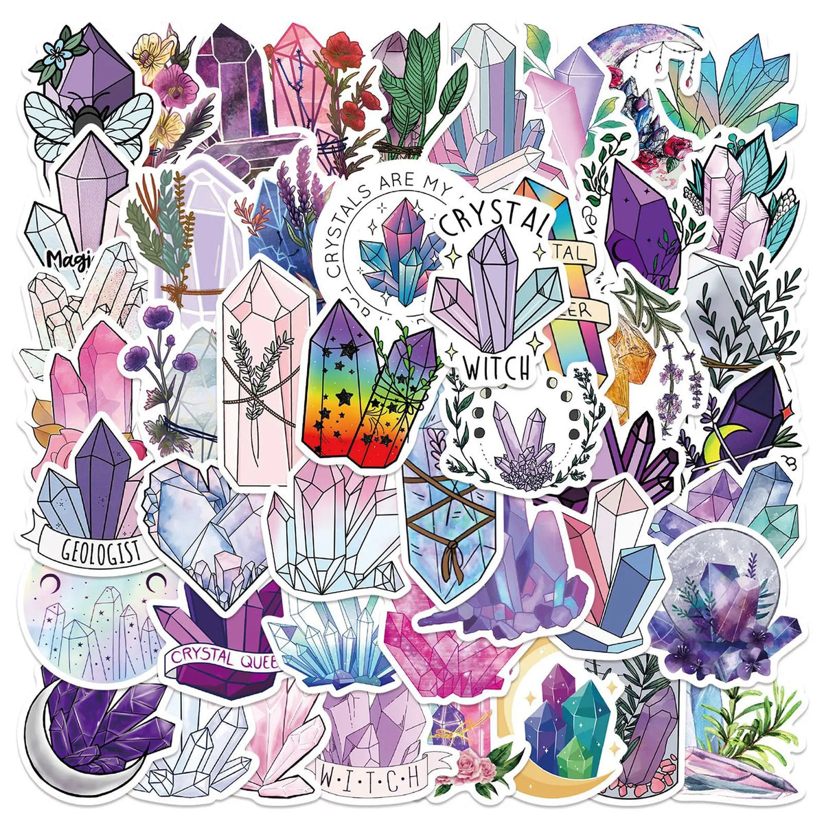 A colorful collection of decorative crystal and witch themed stickers on a white background