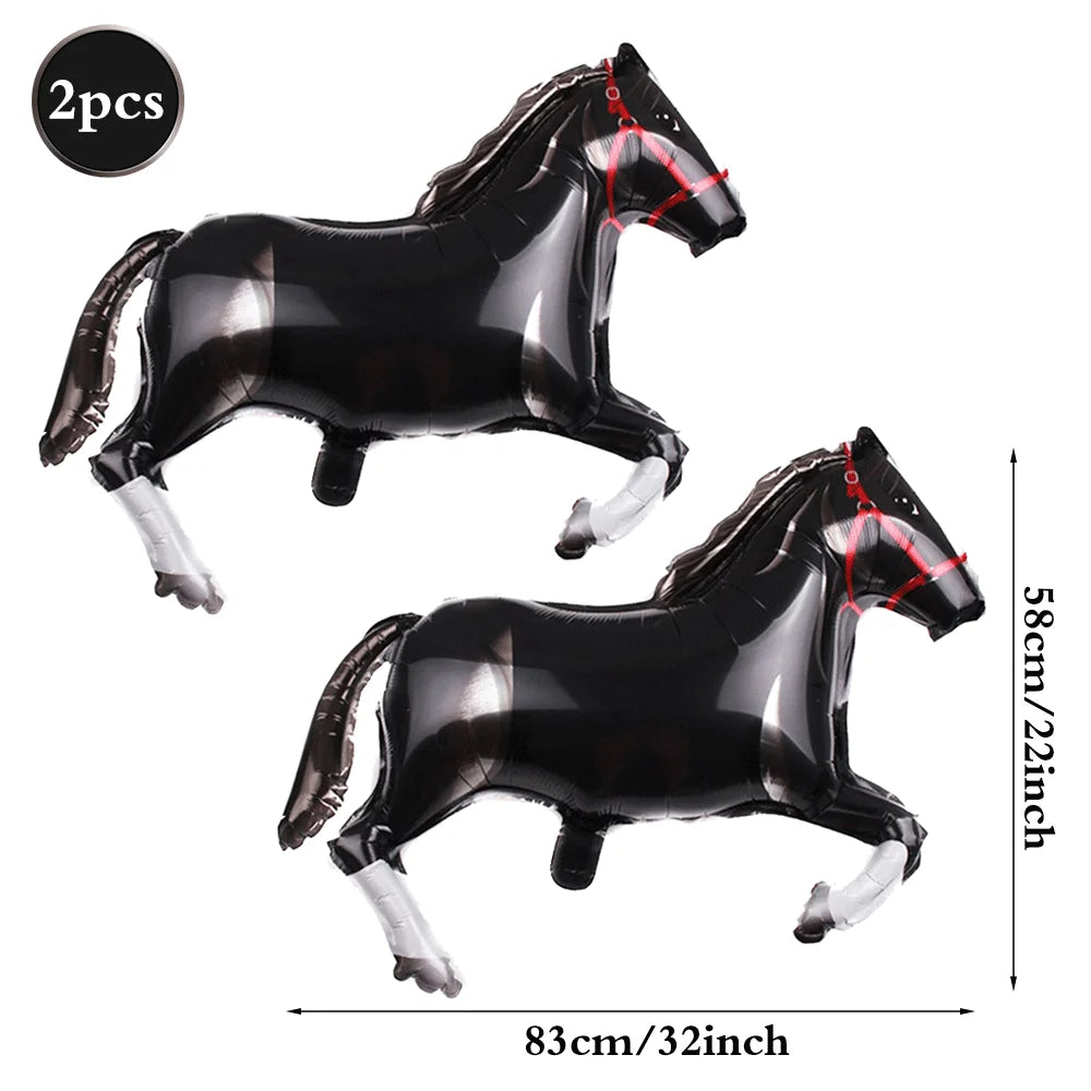A pair of black foil horse number balloons, one standing and one lying down.