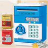 A blue interactive roll-up piggy bank with multiple denomination slots and a coin is shown on a light background.