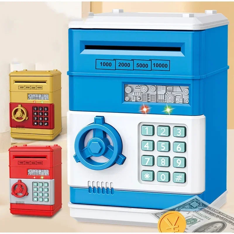 A blue interactive roll-up piggy bank with multiple denomination slots and a coin is shown on a light background.