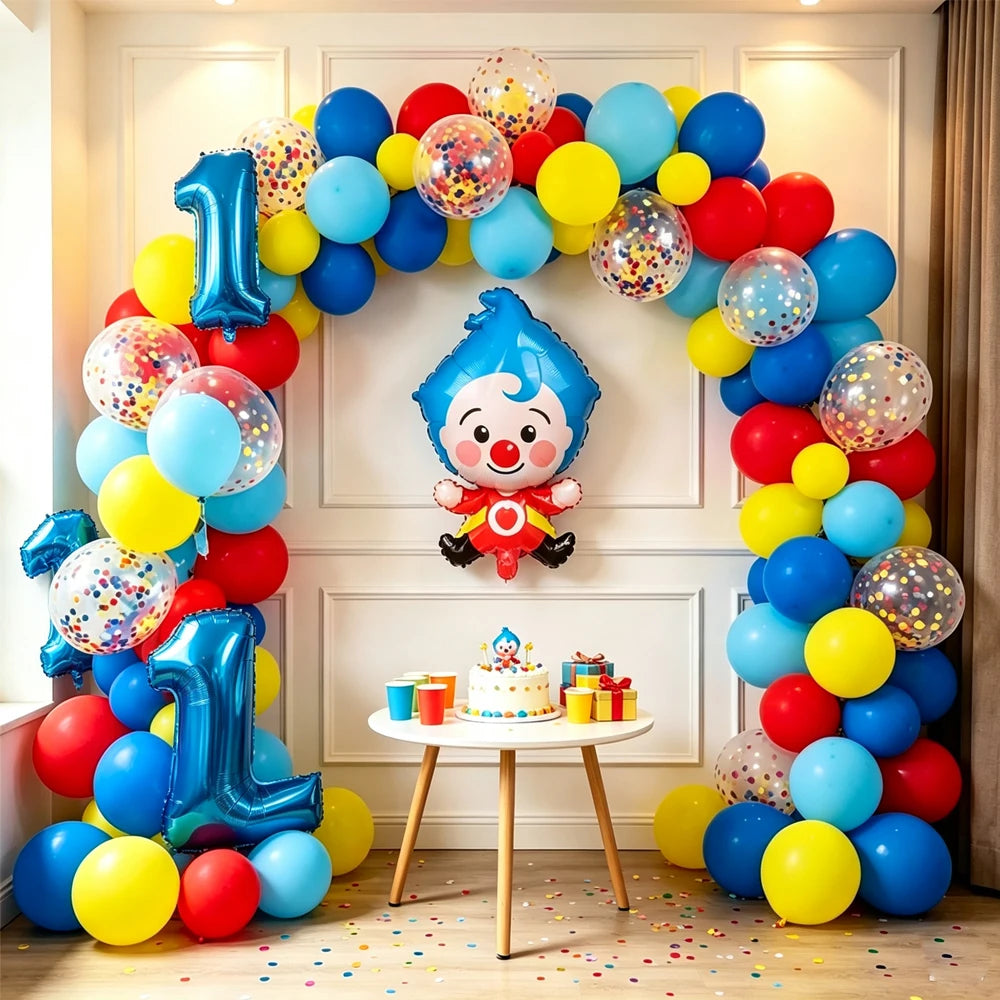 A colorful balloon arch garland featuring blue, yellow, and red balloons shaped like a cartoon clown for a party decoration.