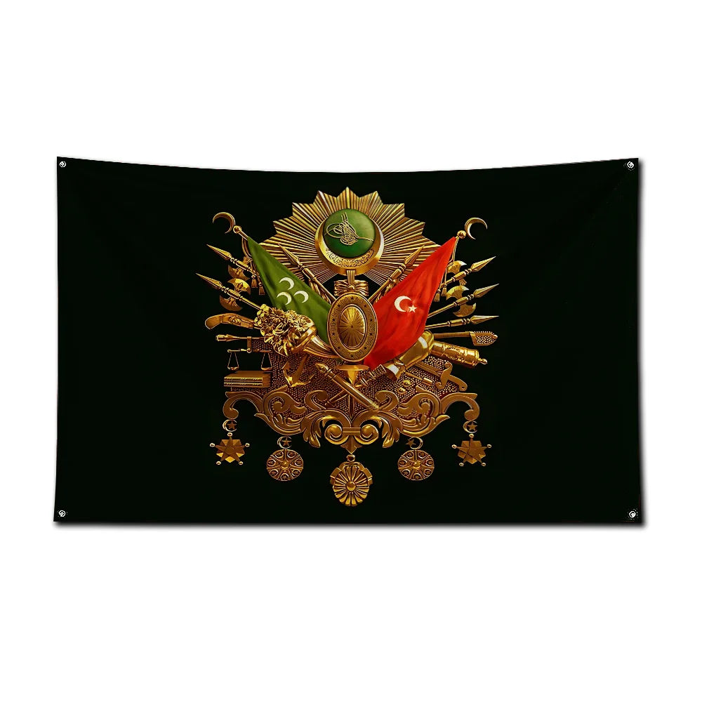 Dunkler Banner mit einem verzierten goldenen Emblem in grün-roten Elementen.