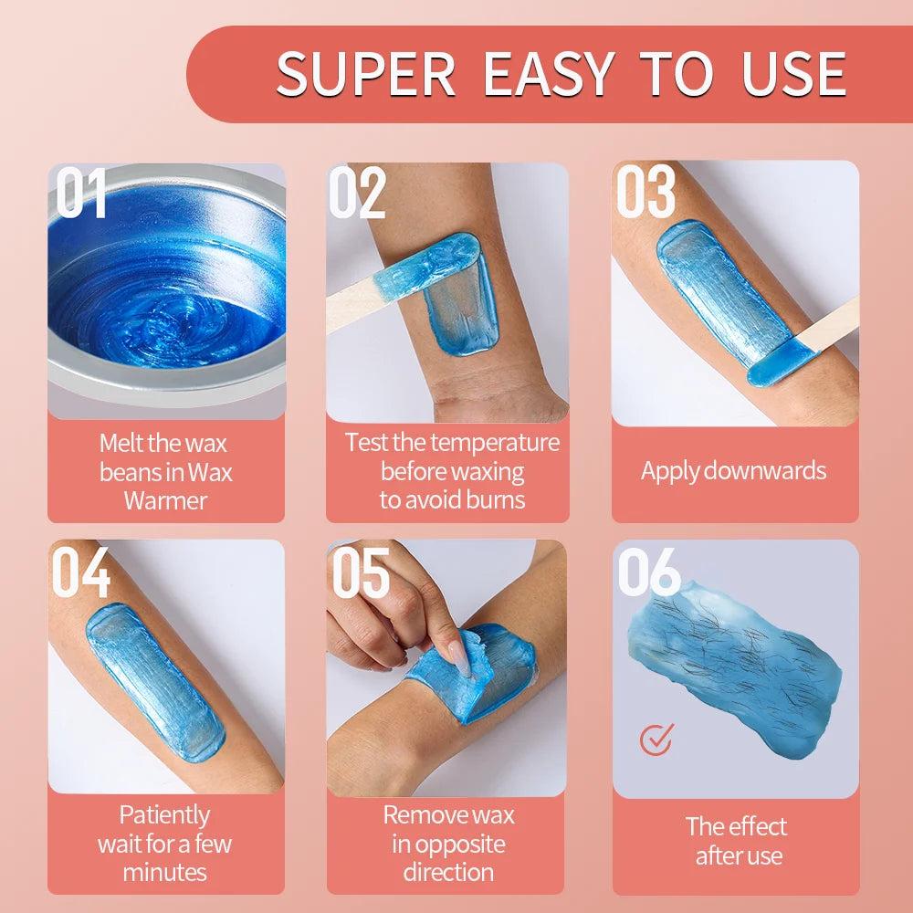 Step-by-step guide showing how to use a compact wax warmer for hair removal and depilation.