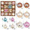 A collection of festive Christmas ball ornaments in various colors and finishes, including gold, silver, rose gold, and pink.