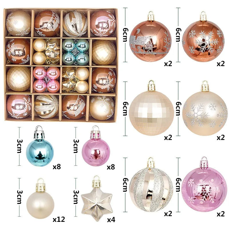 A collection of festive Christmas ball ornaments in various colors and finishes, including gold, silver, rose gold, and pink.