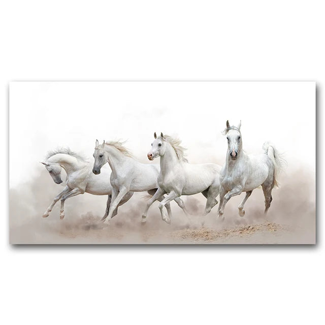 A group of white horses galloping across a dusty, light-colored landscape.