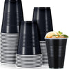 A stack of black and white disposable party cups, showing various sizes and stacking arrangements.