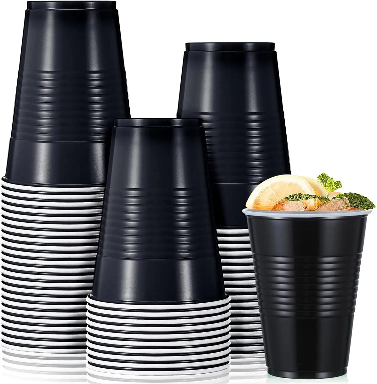 A stack of black and white disposable party cups, showing various sizes and stacking arrangements.