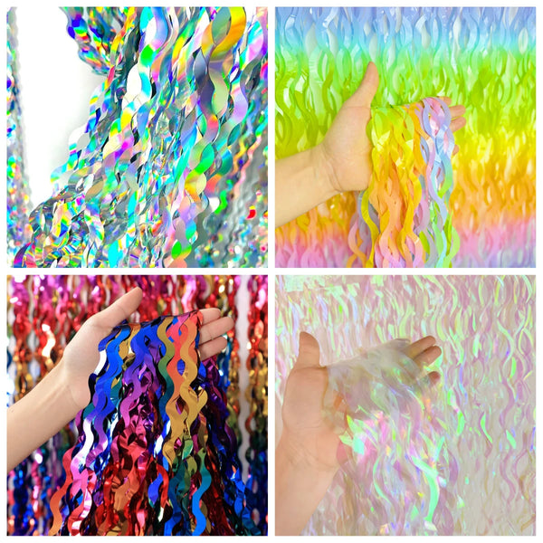 Close-up shots of iridescent wavy foil fringe curtain fabric in various colors and textures.