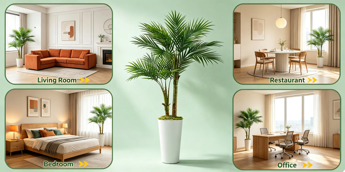 A tall artificial areca palm tree in a white pot displayed in a modern interior setting.