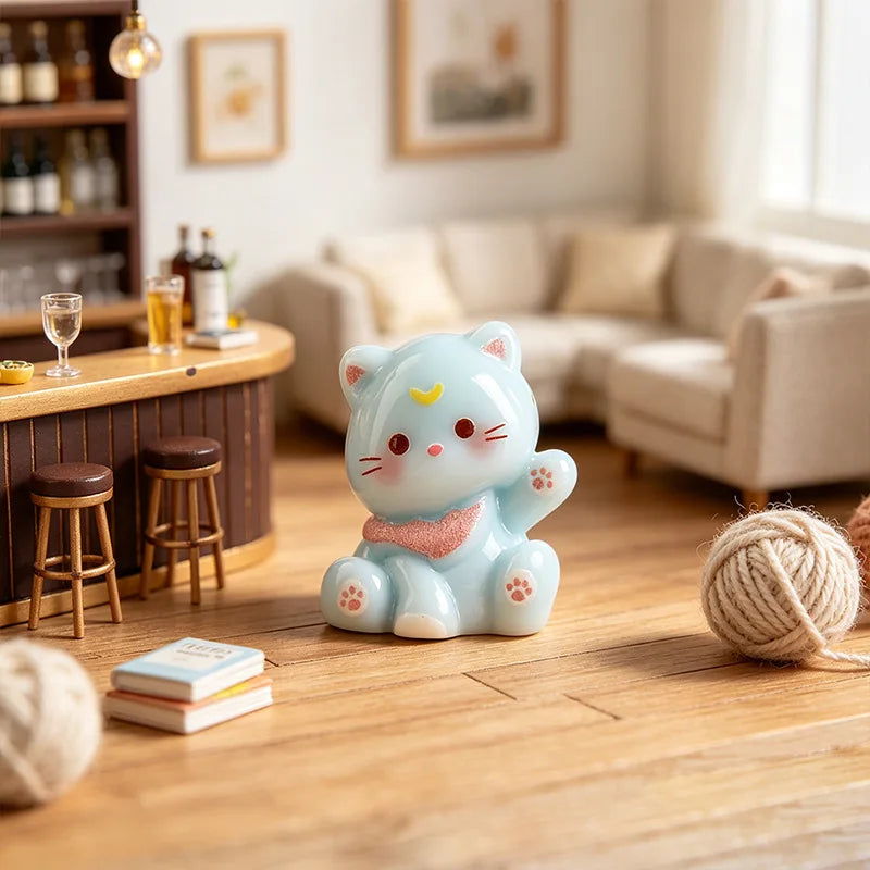 A light blue resin cat keychain sits on a wooden table next to books and yarn on a rustic wooden floor.